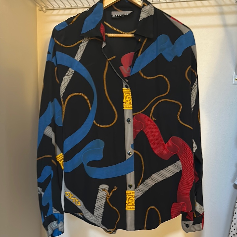 Ellen Tracy  Vintage Silk Women's Black Shirt with Blue and Red Accents